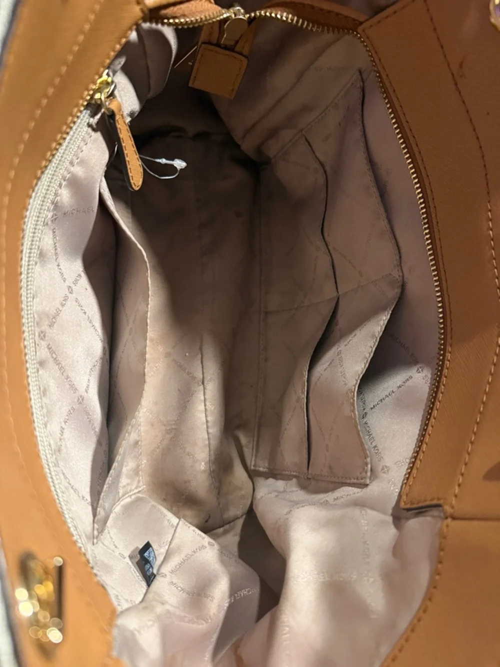 Michael Kors Beige Cream Signature Logo Tote with Gold Chain Handles